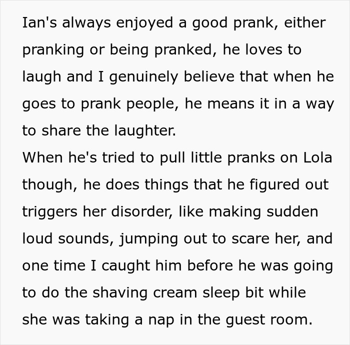 Text describing a man's family wanting him to break up due to a prank-related conflict.