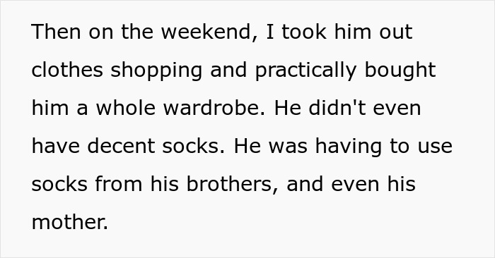 Text discussing a shopping trip for clothes, revealing a child's lack of decent socks and reliance on family.