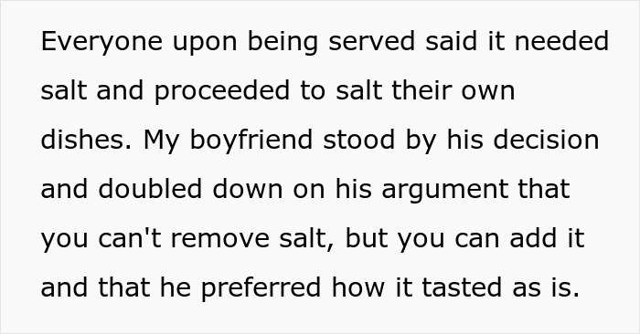 Text discussing woman's frustration while cooking on vacation as family wants more salt.