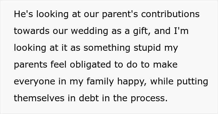 Text discussing parents' financial contribution to a wedding and the resulting family debt dilemma.