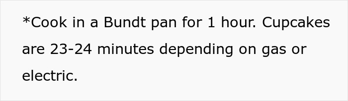 Text instructions for cooking time in a Bundt pan and cupcakes, related to hubby confronting family over treatment of pregnant wife.