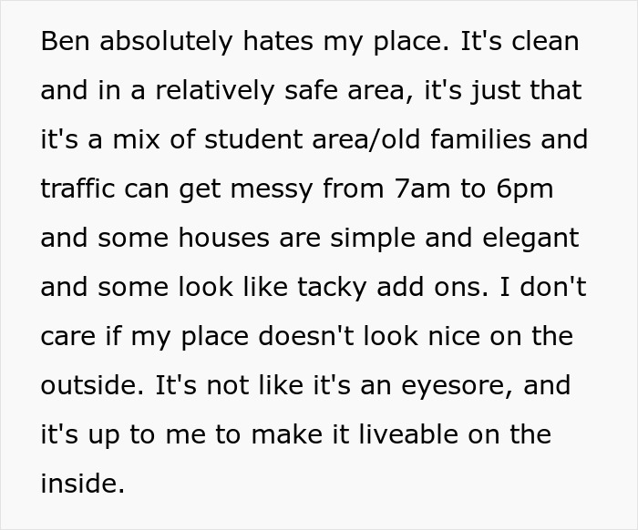 Text about a woman's place being clean yet disliked; mentions her boyfriend, traffic, and house appearances.
