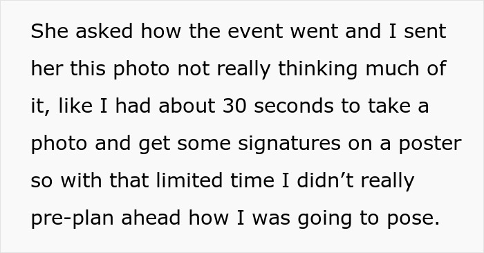 Text explaining a situation where a woman inquired about an event, receiving a hastily taken photo in response. Text explaining a situation where a woman inquired about an event, receiving a hastily taken photo in response.