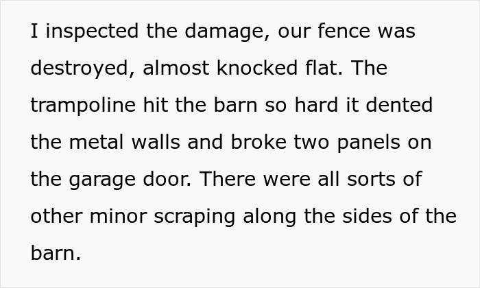 Storm damage text about trampoline hitting barn, denting walls, causing fence destruction, and garage door damage.