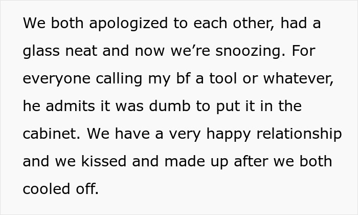 Text describing a couple apologizing, discussing aged scotch, and maintaining a happy relationship.