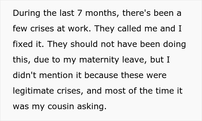 Text discussing a woman on maternity leave facing work crises calls despite being on leave. Text discussing a woman on maternity leave facing work crises calls despite being on leave.
