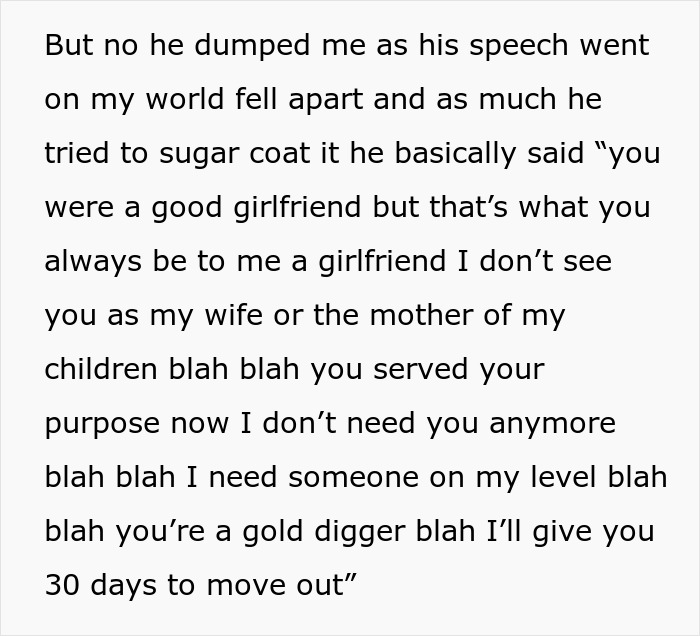 Text recounting a woman's feelings after being dumped by her boyfriend of nine years.