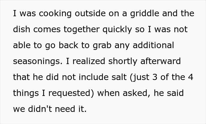 Text describing frustration while cooking for BF's family on vacation over missing seasoning.