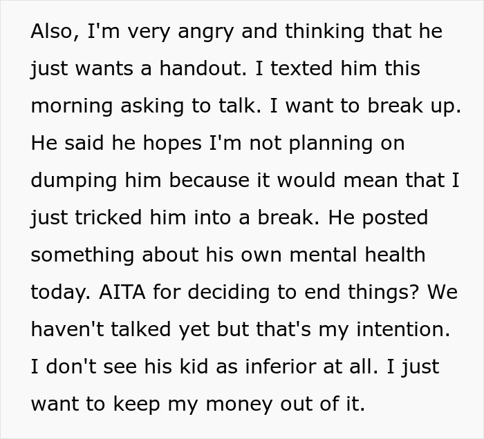 Text message discussing breakup, mentioning handout concerns and intentions to end relationship.