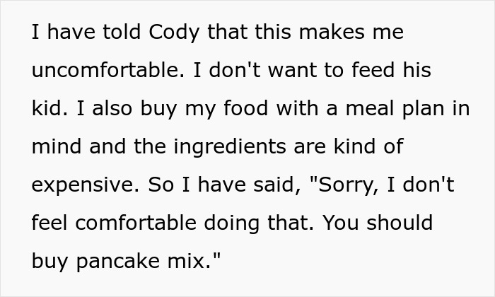 Text expressing discomfort on treating housemate's child like mom, mentions food expenses and meal planning.