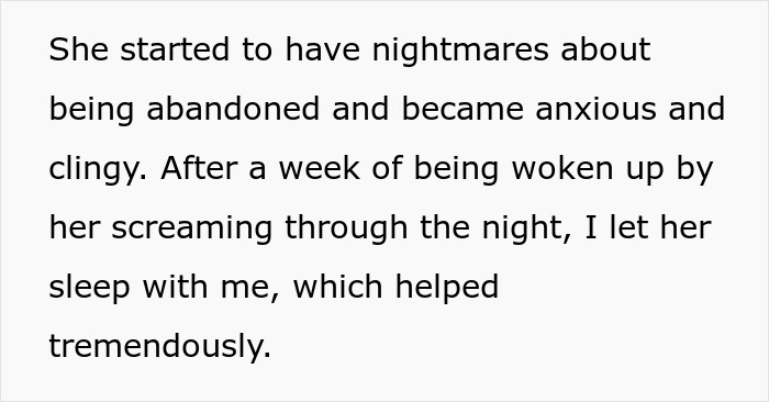 Text discussing a child's nightmares and anxiety after being abandoned by her mother who asked a friend to babysit.
