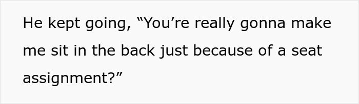 Text image showing a passenger upset about sitting in the back due to seat assignment.