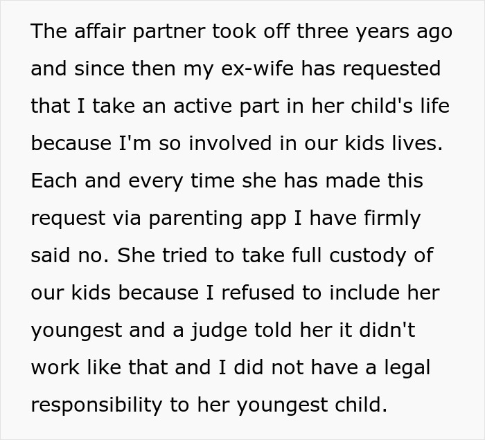 Text block discussing a dad's refusal to support the child from his ex-wife's affair. Text block discussing a dad's refusal to support the child from his ex-wife's affair.