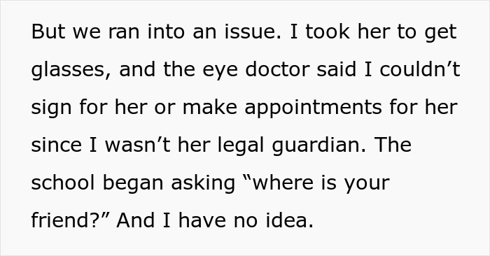 Text about legal guardian issues after babysitter's friend disappears for months.