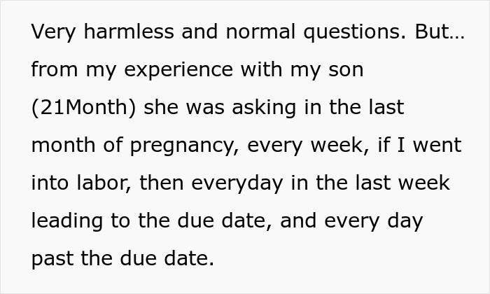 Text discusses frequent questions about pregnancy from an overbearing MIL, highlighting a personal experience with a son.