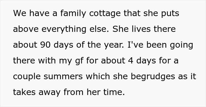 Text excerpt about family cottage conflict and time spent with girlfriend, discussing strained mom and son relationship involving money.