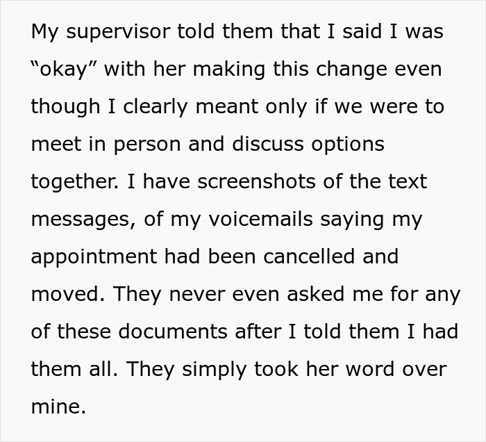 Text about a supervisor canceling a doctor's appointment without consent, including voicemails and screenshots as evidence.
