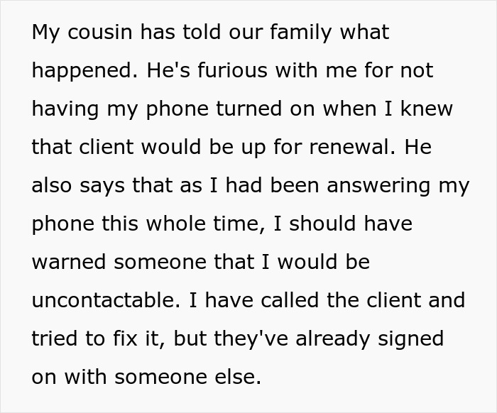 Text message from a woman about work calls during maternity leave and losing a client. Text message from a woman about work calls during maternity leave and losing a client.