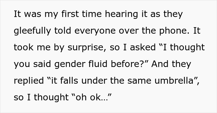 Text excerpt discussing first time hearing about a spouse coming out as gender fluid, related to trans experiences. Text excerpt discussing first time hearing about a spouse coming out as gender fluid, related to trans experiences.