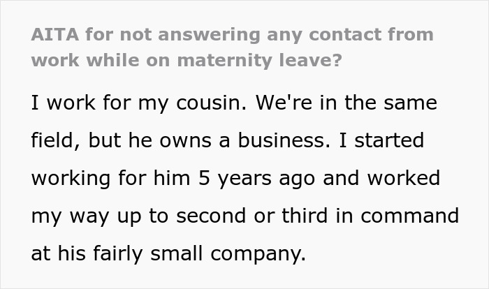 Text discussing maternity leave and work calls with a focus on family business dynamics. Text discussing maternity leave and work calls with a focus on family business dynamics.
