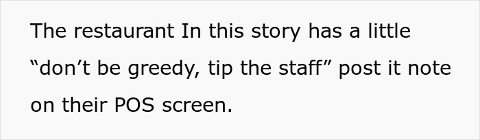 Post-it note on restaurant POS screen advises, "don’t be greedy, tip the staff. Post-it note on restaurant POS screen advises, "don’t be greedy, tip the staff.