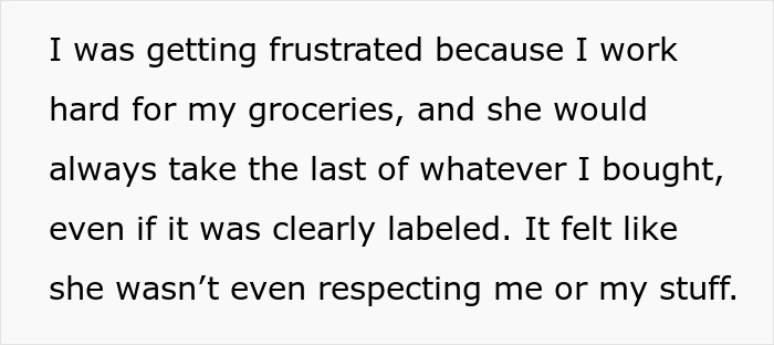 Text about frustration over a roommate stealing food despite clear labeling.