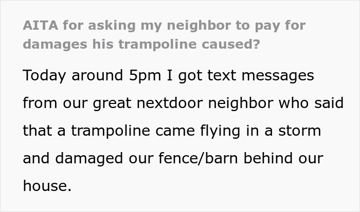 Text about a trampoline flying into a neighbor's yard and causing damage during a storm.
