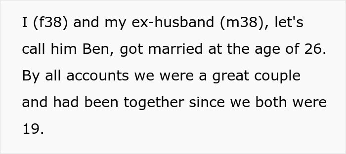 Text excerpt discussing marriage and early relationship between a woman and her ex-husband. Text excerpt discussing marriage and early relationship between a woman and her ex-husband.