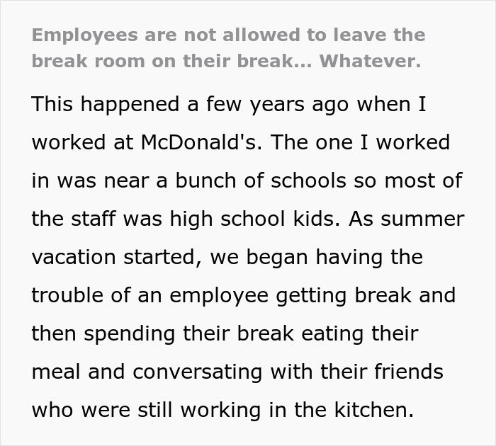 Employee break policy narrative posted on a memo discussing work break issues at McDonald's near schools.