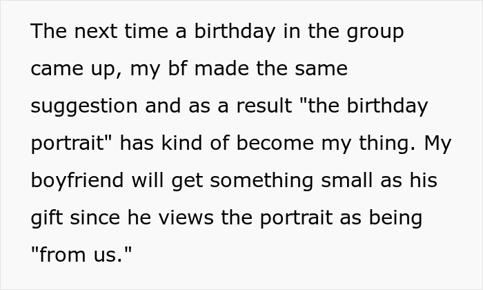 Text detailing a man's suggestion for birthday portraits, with an emphasis on a shared gift from the couple.