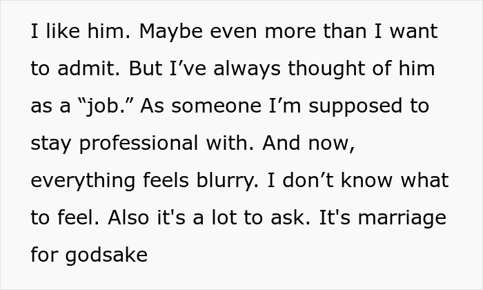Text from a woman reflecting on a marriage proposal from a sugar daddy, expressing confusion and mixed emotions.