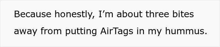 Text humorously suggests using AirTags to prevent a roommate from stealing cheese from a fridge lockbox.