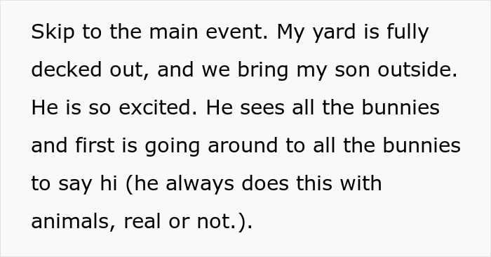 Text about an excited child greeting bunnies in a decorated yard, related to neighbors, granddaughter, autism, and Easter.