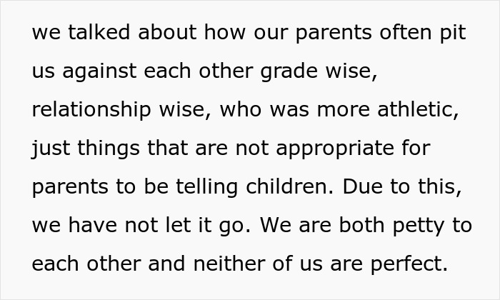 Text excerpt about sibling rivalry and shutting down attempts to change tradition in family discussions. Text excerpt about sibling rivalry and shutting down attempts to change tradition in family discussions.