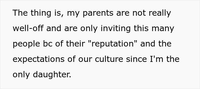 Text discussing parents' financial status and cultural expectations for a daughter's wedding.