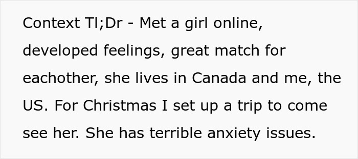Text about a man's online romance and planning an expensive trip to visit his long-distance girlfriend in Canada with anxiety issues.