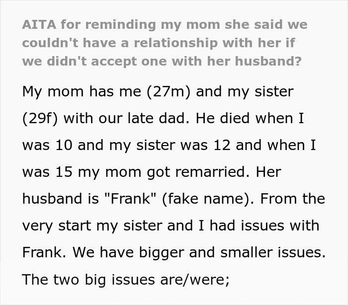 Text discussing a mom, kids, and issues with a controlling stepdad named Frank. Text discussing a mom, kids, and issues with a controlling stepdad named Frank.