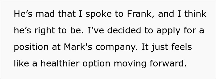 Text about a man's feelings on a conversation, job change, and healthier options.