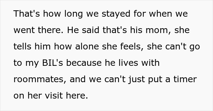Text describing a mother-in-law's extended visit, prompting a discussion on her stay duration. Text describing a mother-in-law's extended visit, prompting a discussion on her stay duration.
