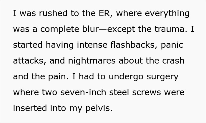 Woman experiencing physical consequences after an accident caused by her fiancé, describing trauma and surgery recovery. Woman experiencing physical consequences after an accident caused by her fiancé, describing trauma and surgery recovery.