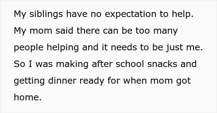 Text describing a son preparing meals as the man of the house while siblings aren't expected to help. Text describing a son preparing meals as the man of the house while siblings aren't expected to help.