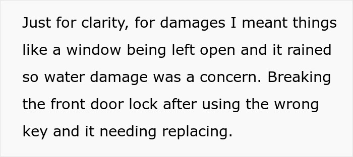 Text about damages and repairs related to a window left open, causing water damage, and replacing a door lock. Text about damages and repairs related to a window left open, causing water damage, and replacing a door lock.