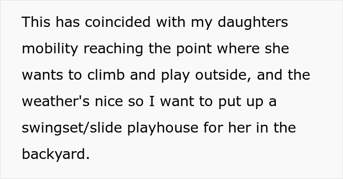 Text about woman buying swing set for her kid to encourage outdoor play and friend accusing her of flexing wealth.