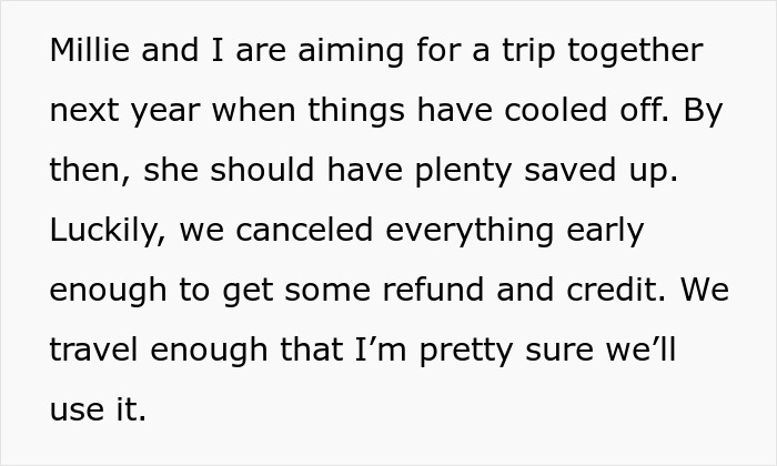 Text about planning a future trip and receiving refunds and credits.