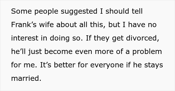 Text revealing affair advice on telling Frank's wife.