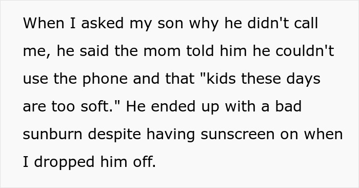 Text about a concerned parent appalled by a mom not allowing hydration or bathroom access.