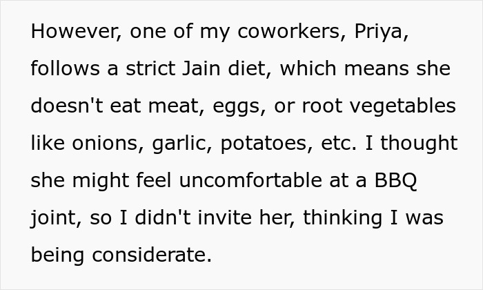 Text about manager excluding coworker from BBQ due to her Jain diet.