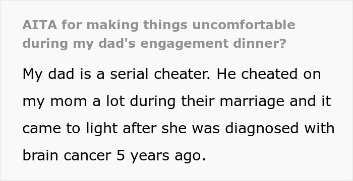 Text discussing uncomfortable engagement dinner, revealing father's past infidelity.