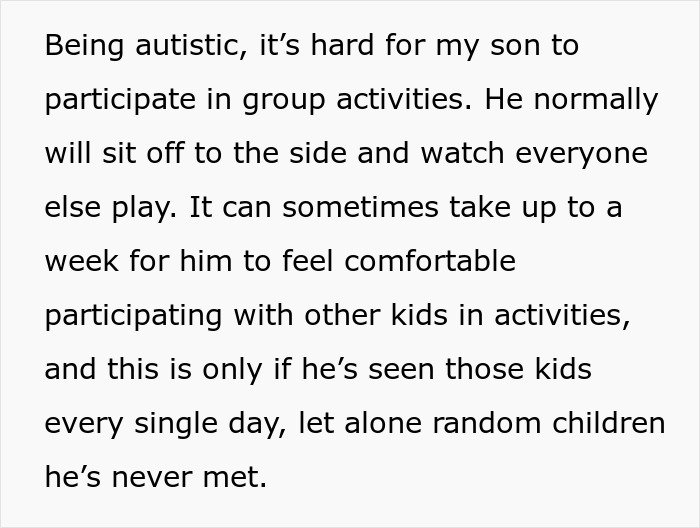 Text about challenges faced by an autistic child in group activities.