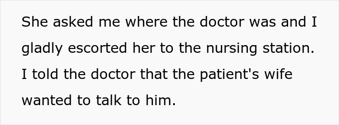Patient's wife seeks doctor at nursing station after nurse's guidance.